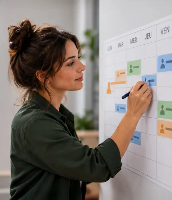 Un femme et un planning au tableau